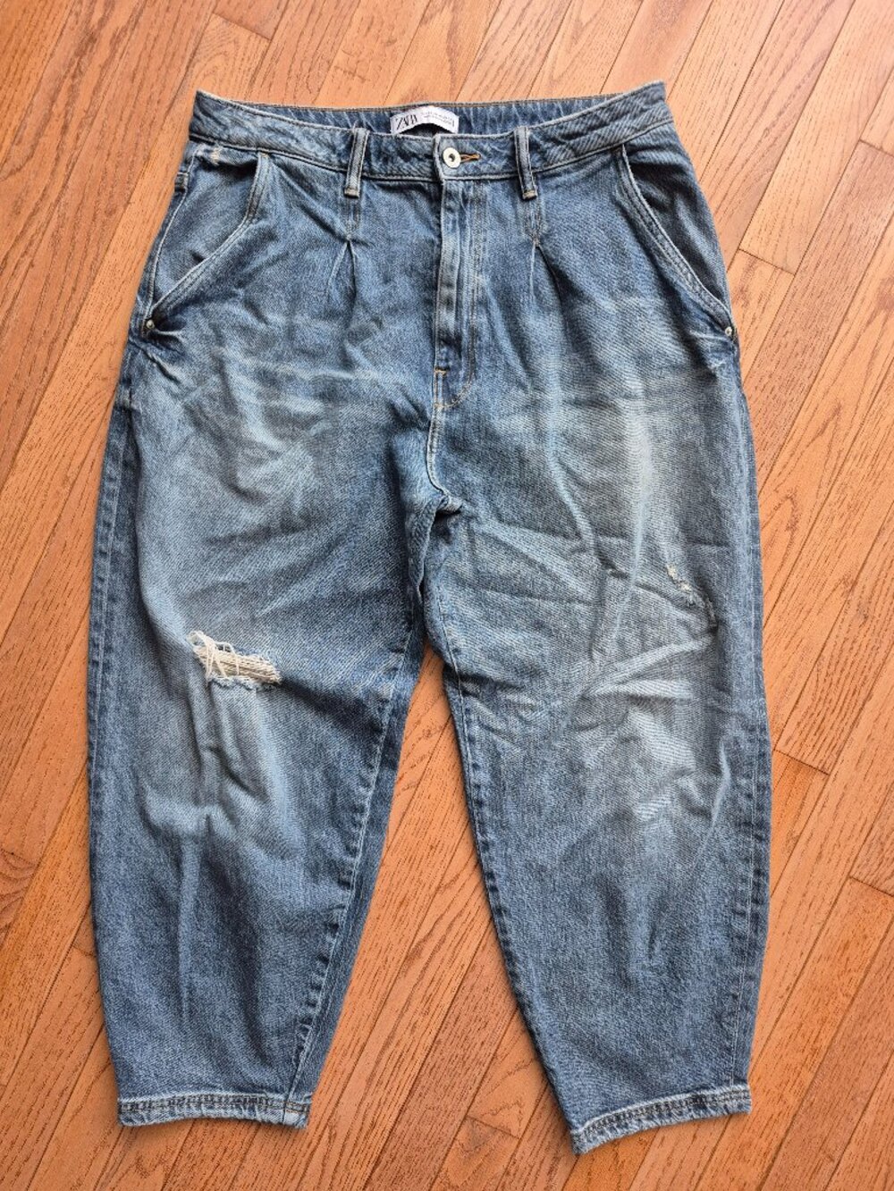 Zara Baggy Denim Pants Barrel Distressed 10